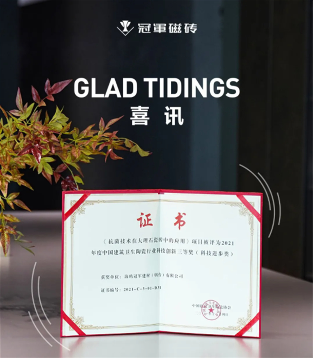 祝贺冠军磁砖荣获中国建筑卫生陶瓷行业科技创新荣誉